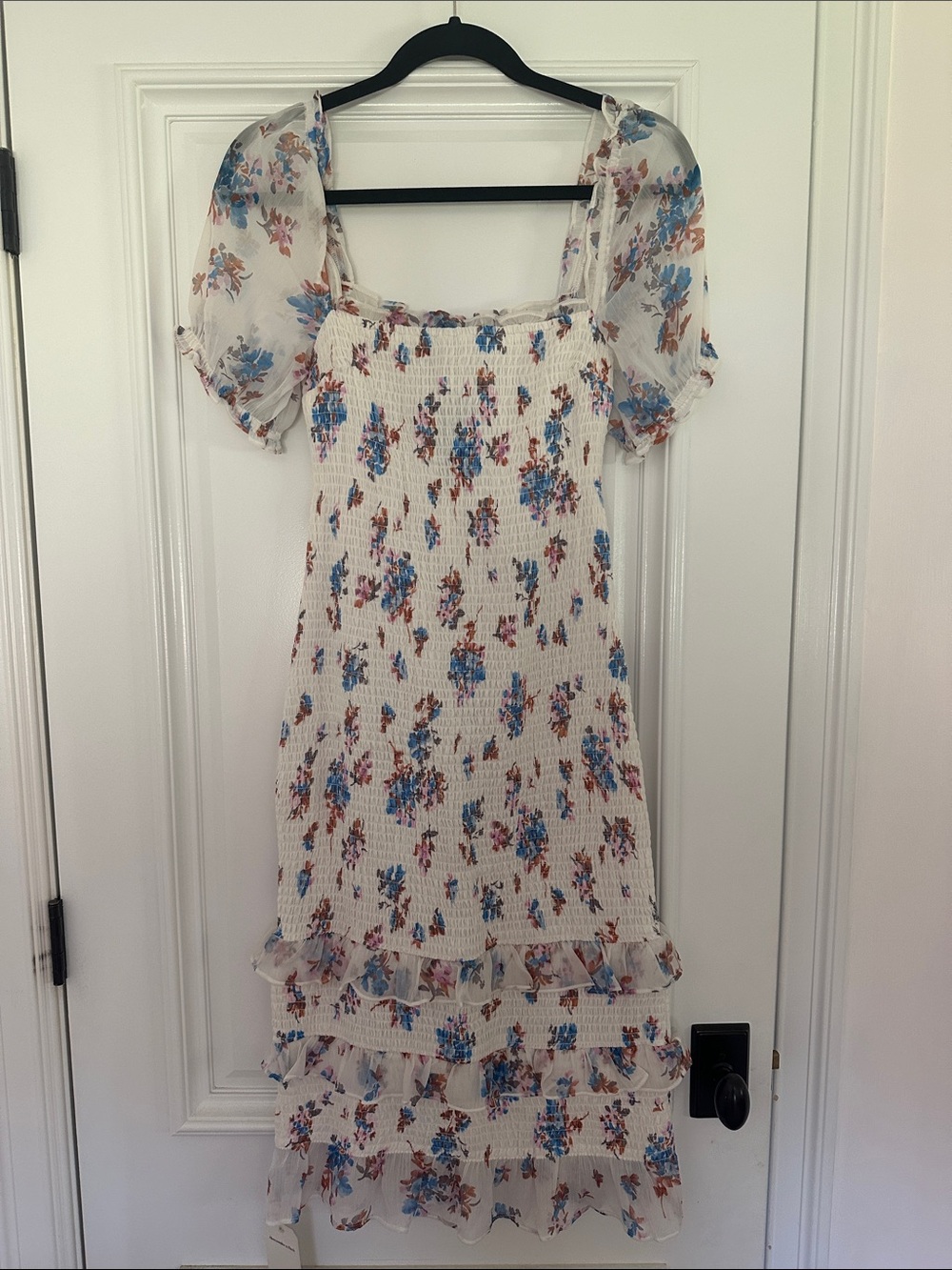 Abercrombie & Fitch White Floral Smocked Midi Dress with Blue & Brown Print